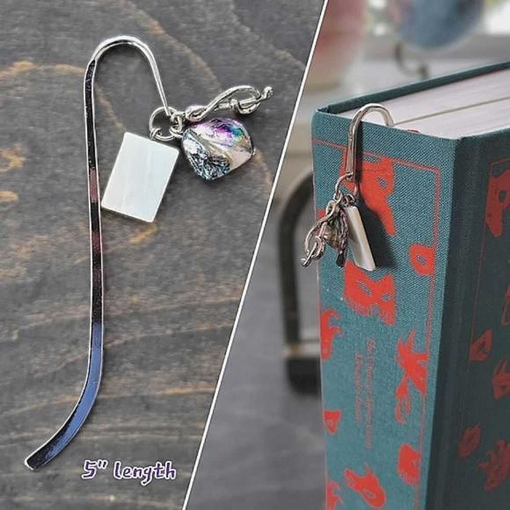 Vtg MOP & abalone silver tone metal charm bookmark